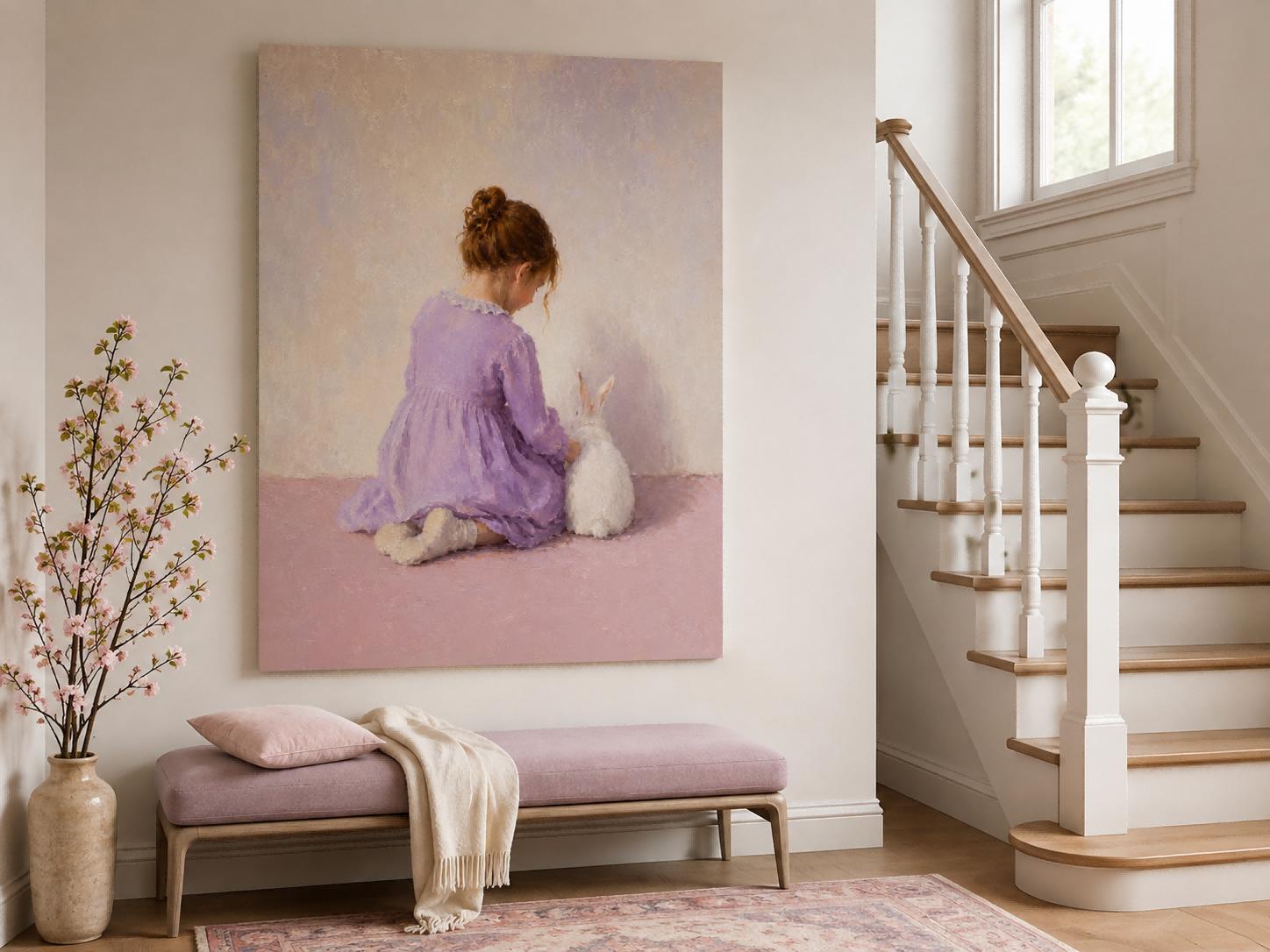 Classic Nursery Wall Art Girl And Bunny Painting For Kids Room