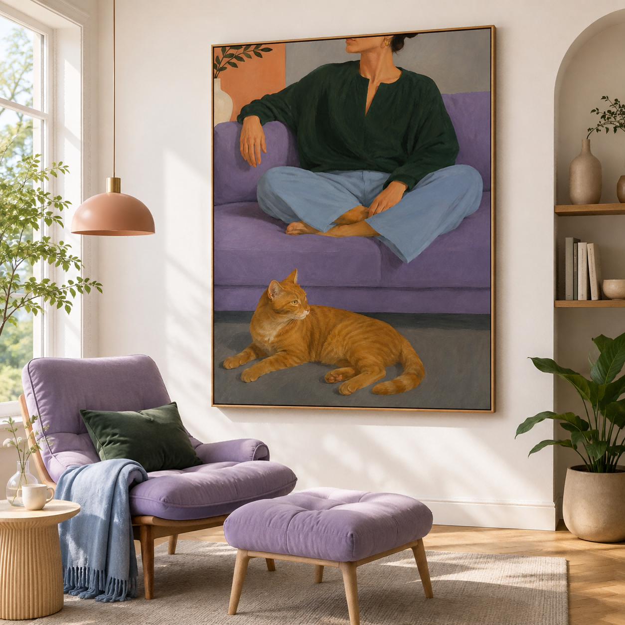 Woman And Cat On Purple Sofa Modern Figurative Oil Painting Hand-Painted Canvas Art