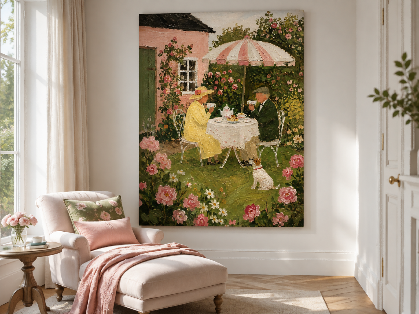 Vintage Romantic Oil Style Wall Art With Pink Roses And Tea Time Atmosphere