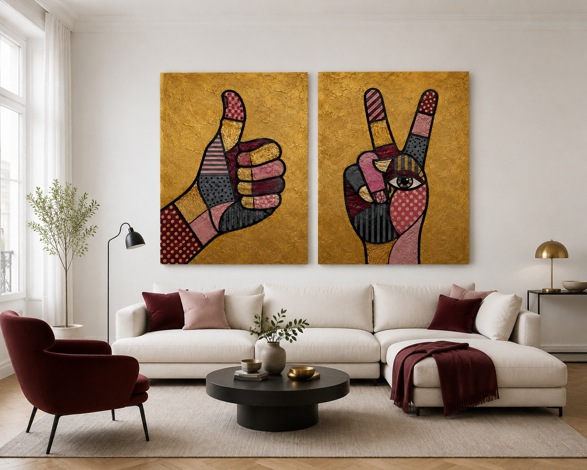Hand-Painted Pop Art Hand Gestures Canvas Painting Set With Gold Background Eclectic Pop Art Canvas Set Pink Black Geometric Patterns On Gold