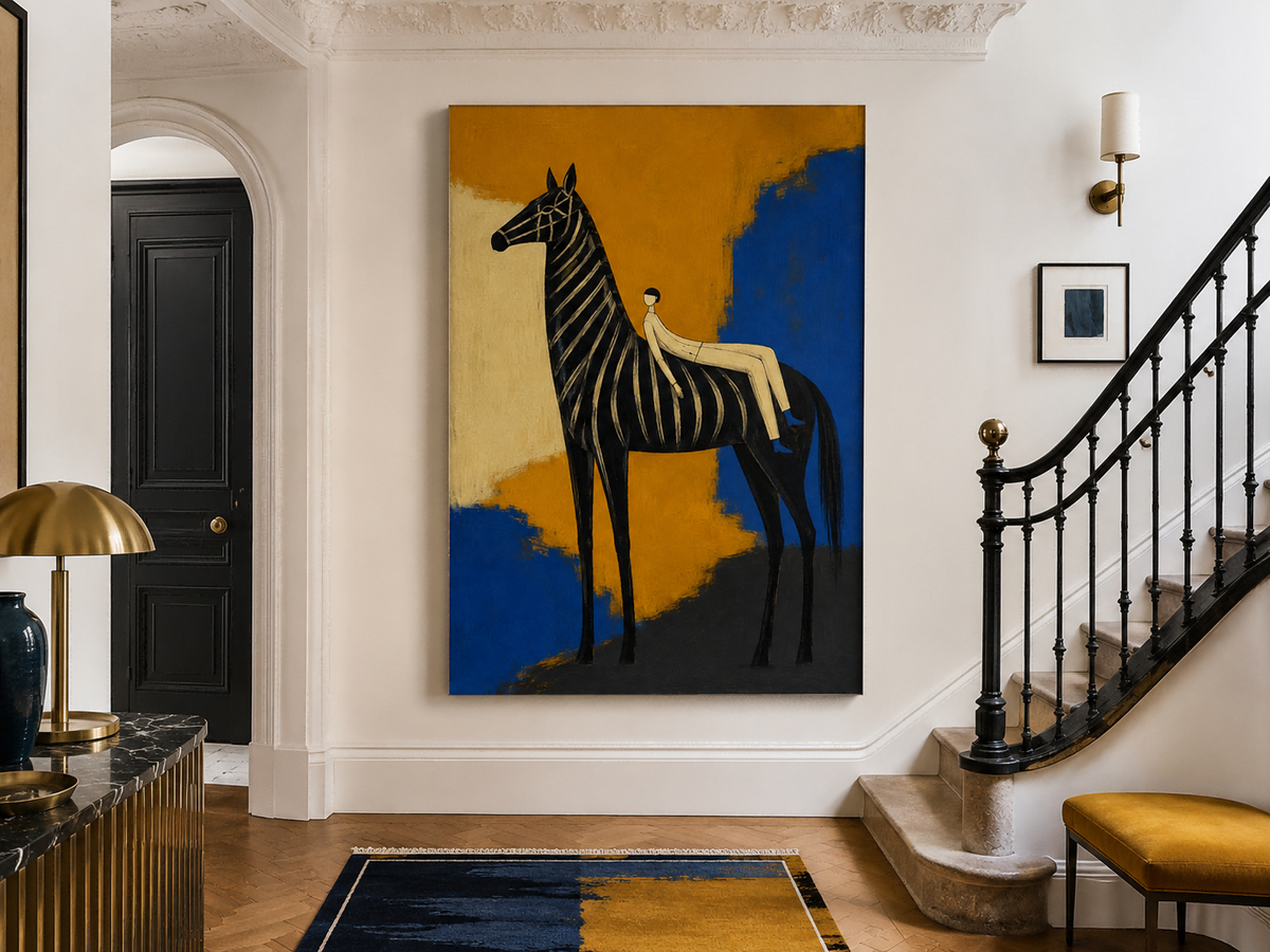 Abstract Zebra And Figure Canvas Painting With Bold Gold Blue Colors
