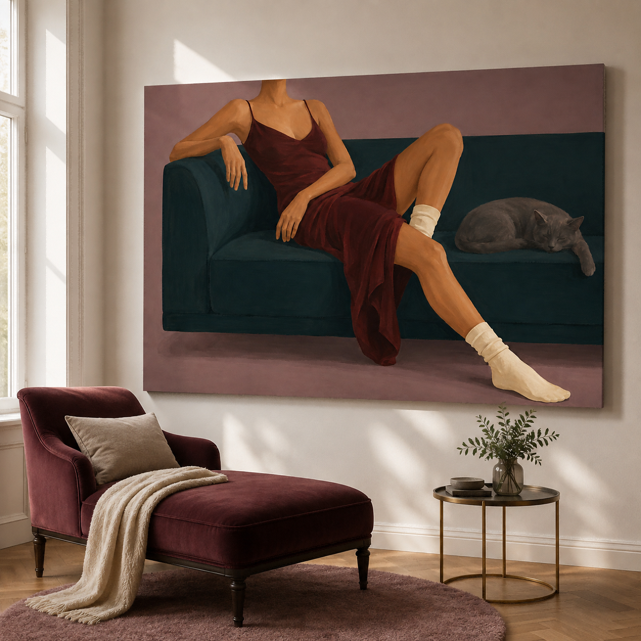 Modern Figurative Oil Painting Of Elegant Woman Resting With Pet At Home Woman And Cat On Sofa Hand-Painted Modern Canvas Art In Red And Teal