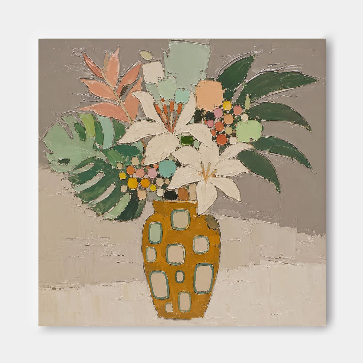 Abstract Floral Still Life With Lilies And Tropical Leaves Hand-Painted Canvas Art