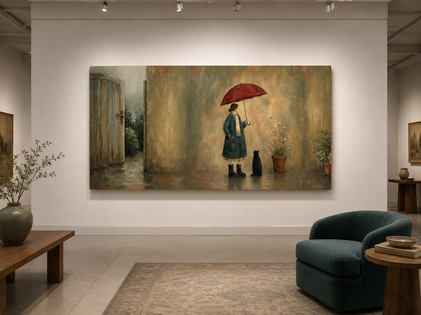 Serene Woman With Umbrella And Black Cat Horizontal Canvas Art For Quiet Spaces