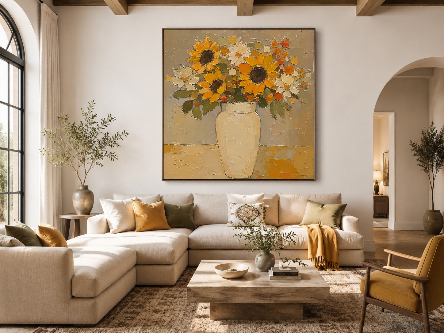 Hand-Painted Sunflower And Daisy Floral Canvas Art In Gold Beige Tones