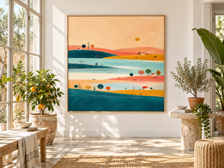 Hand-Painted Minimalist Landscape Canvas Art With Sunset Hills
