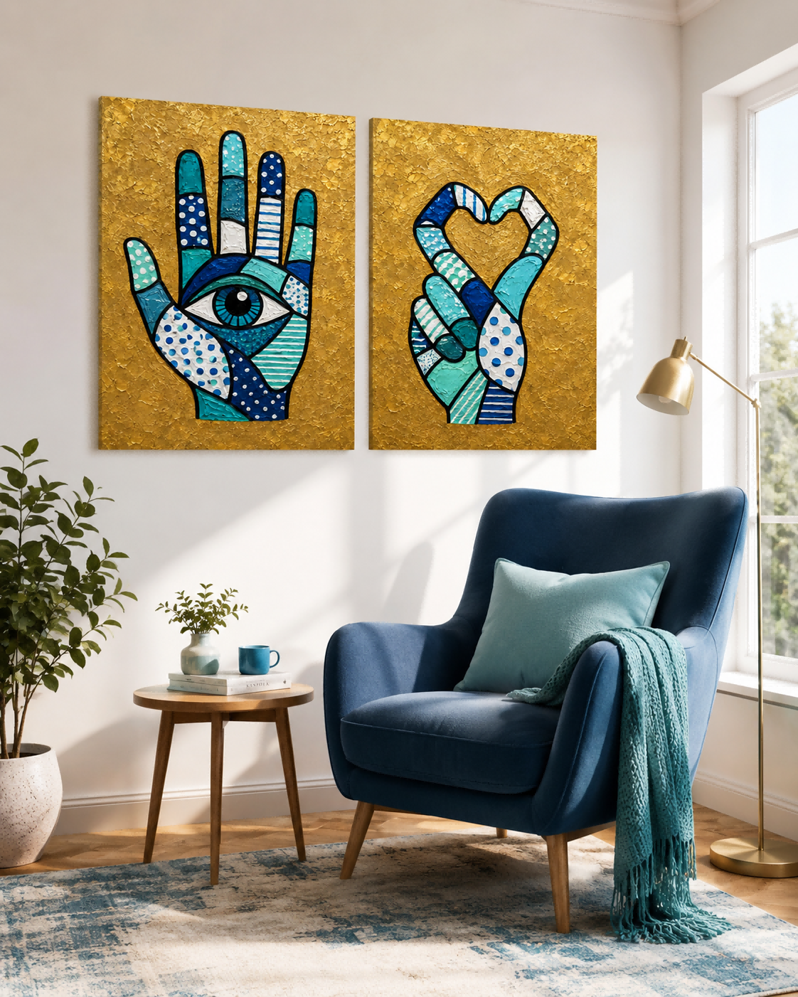 Hand-Painted Hamsa Eye And Heart Canvas Art Set With Gold Background