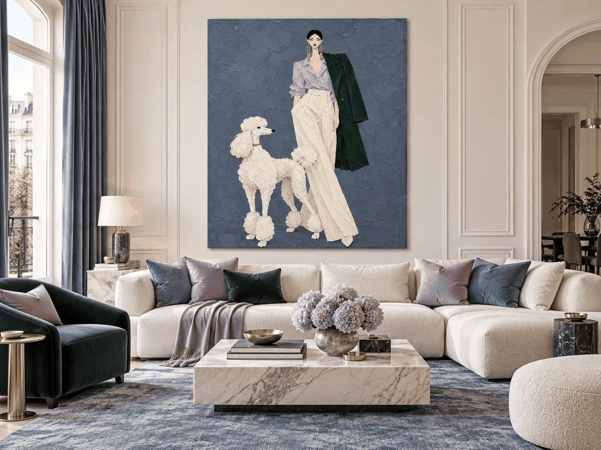 Fashion Lady With Poodle Hand-Painted Canvas Art In Purple And Blue