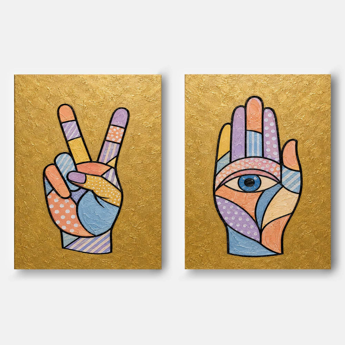 Hand-Painted Victory And Hamsa Hand Canvas Art Set With Gold Background Modern Gold Wall Art Decor For Living Room With Pop Art Style Hands