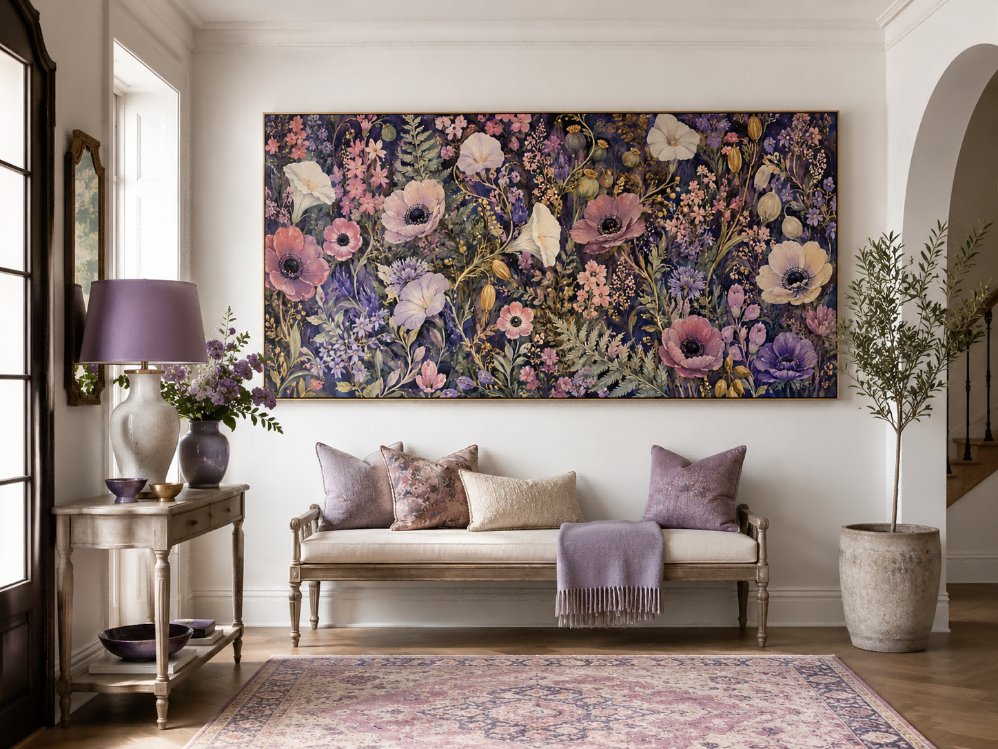 Romantic Vintage Floral Oil Painting With Deep Purple Background And Textured Wildflowers For Elegant Home Decor
