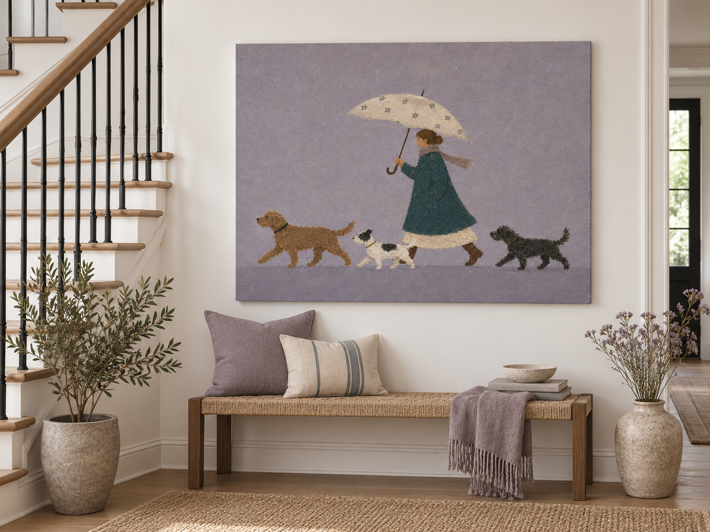 Woman Walking Dogs In Rain Hand-Painted Canvas Art With Umbrella
