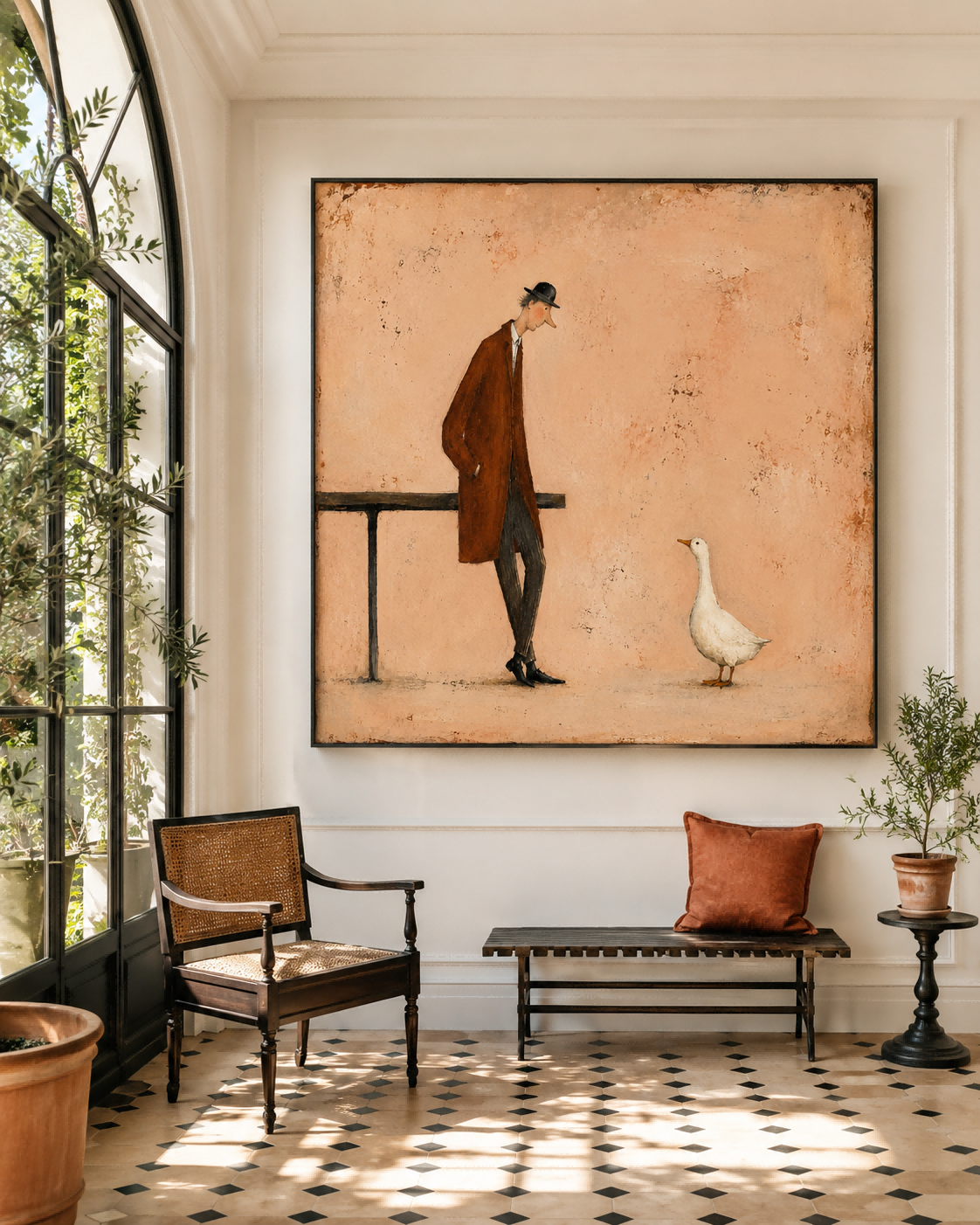 Retro Storytelling Art Hand-Painted Canvas Warm Beige Tone Original