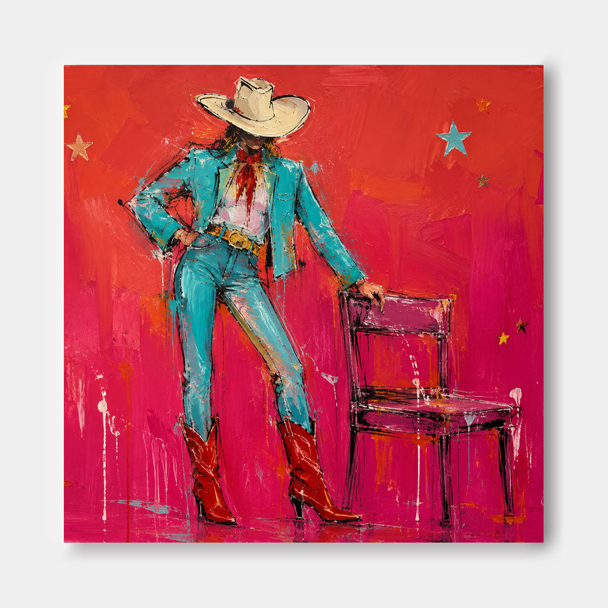 Cool Cowgirl With Red Boots Hand-Painted Canvas Art In Vibrant Red And Blue
