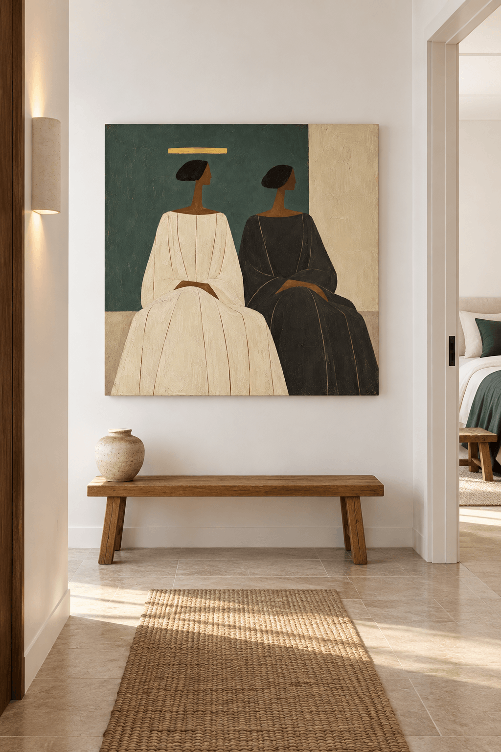 Two Women In Robes Canvas Painting With Gold Halo On Green Background