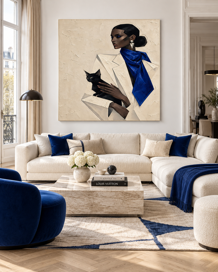 Geometric Woman With Black Cat Hand-Painted Canvas Art In Blue And Beige