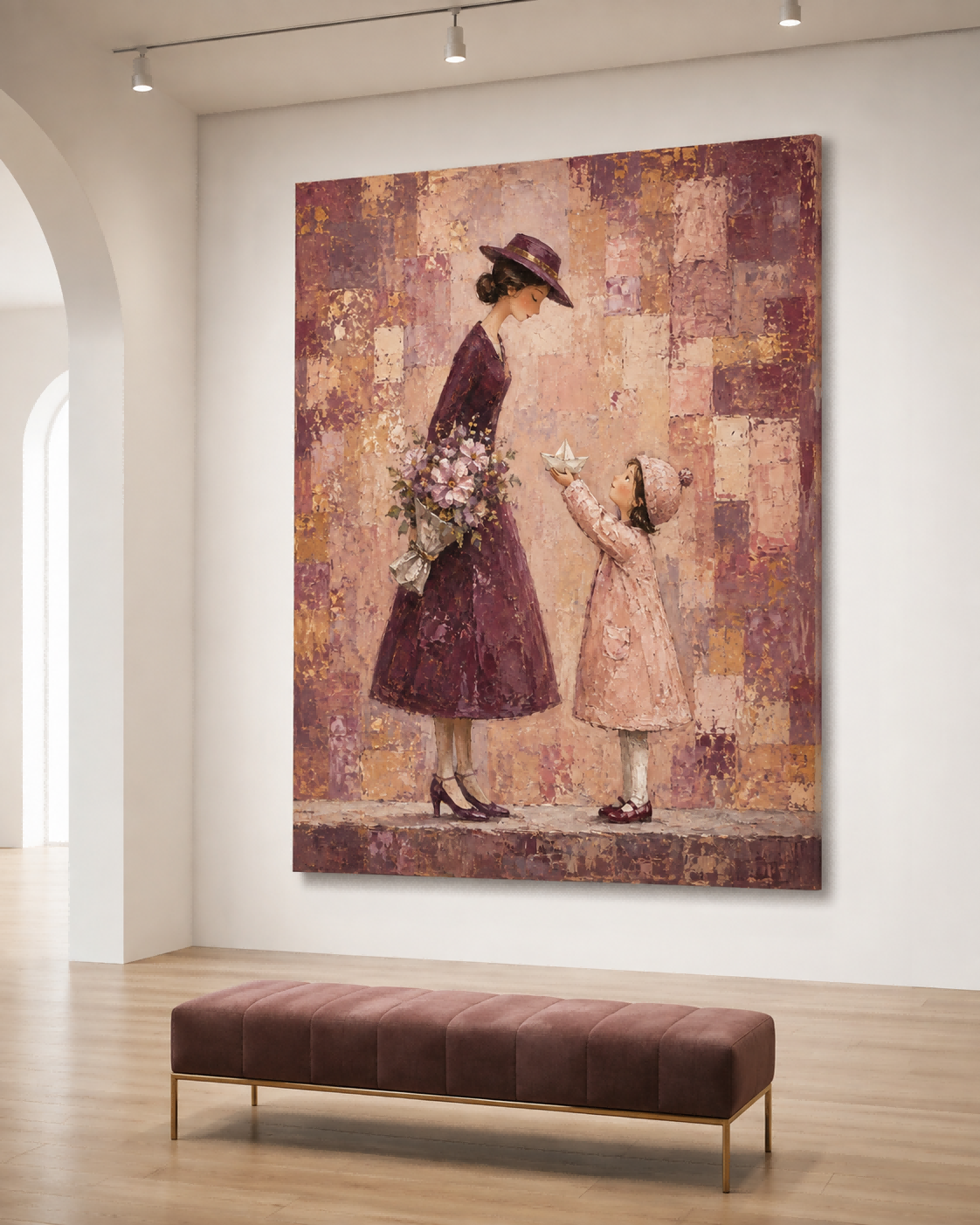 Abstract Modern Illustration Of Motherhood In Purple Textured Canvas Wall Art