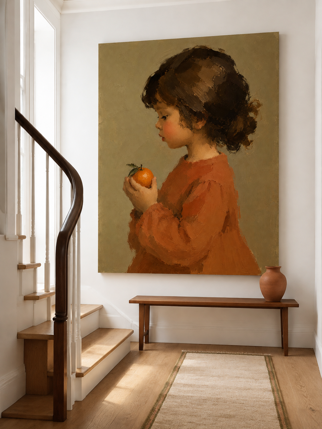 Vintage Girl Portrait With Orange Hand-Painted Canvas Art In Warm Earth Tones