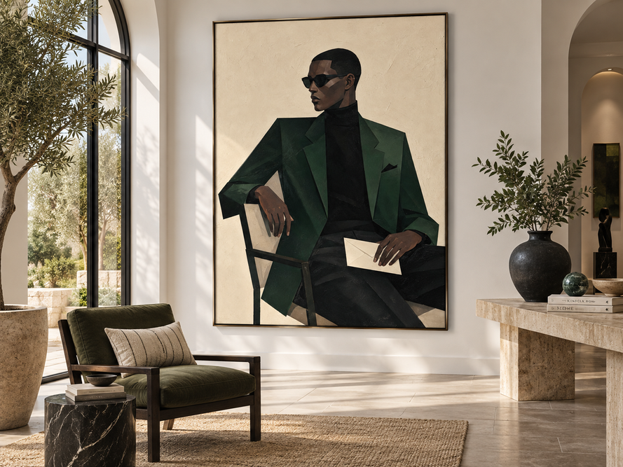 Minimalist Geometric Oil Painting Of A Man In Sunglasses And Suit