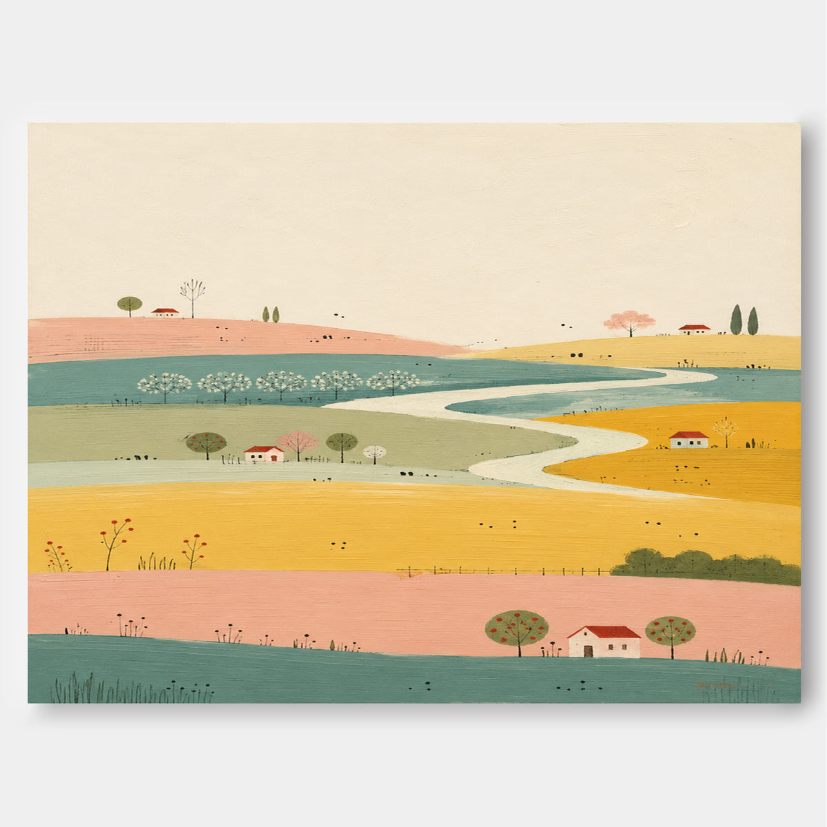 Modern Cream Style Canvas Painting With Whimsical Cottage And Path