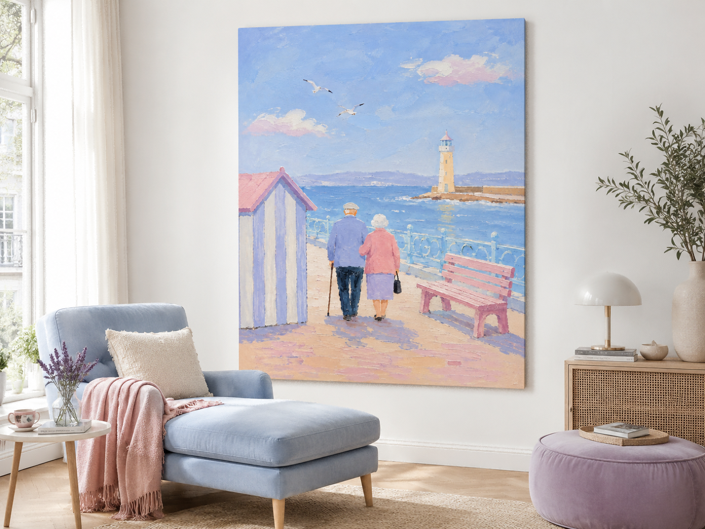 Romantic Impressionist Style Canvas Painting Of Beach Walk With Pastel Tones