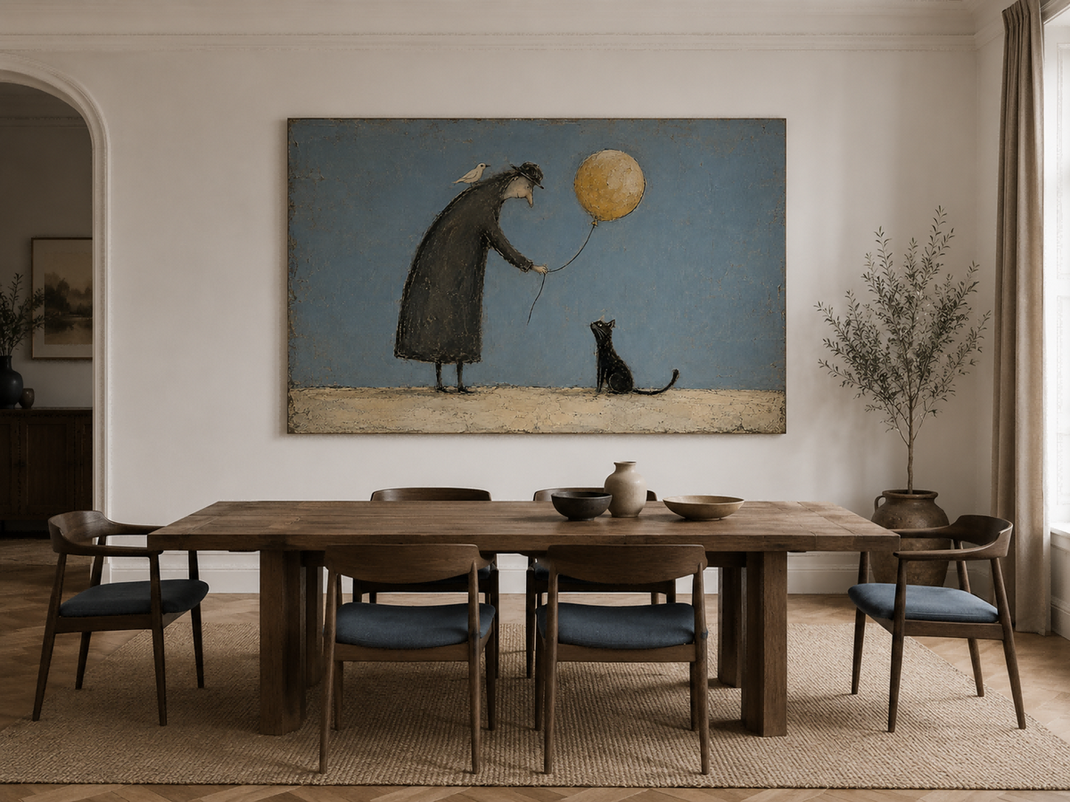 Healing Vintage Illustration Canvas Art Golden Blue Tones Whimsical Living Room Wall Art Modern Vintage Animal Painting
