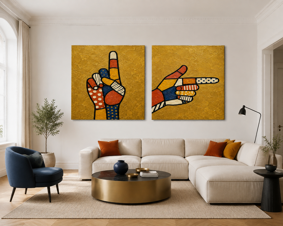 Hand-Painted Pop Art Hands Canvas Painting With Gold Background And Patterns