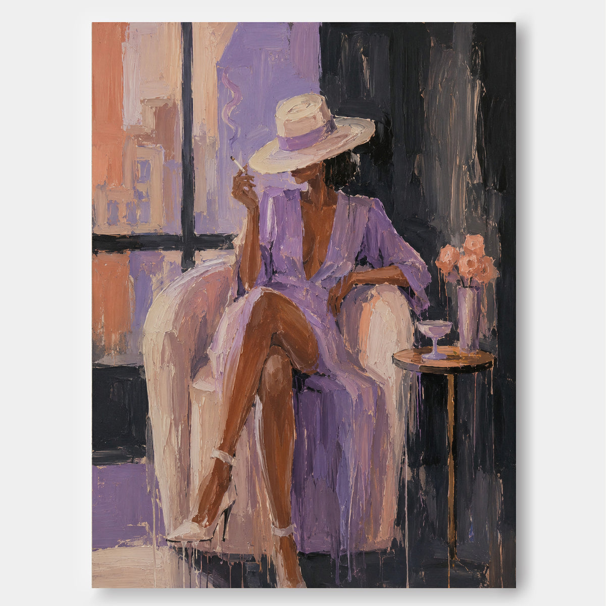 Modern Textured Art With Vintage Fashion Figure In Purple