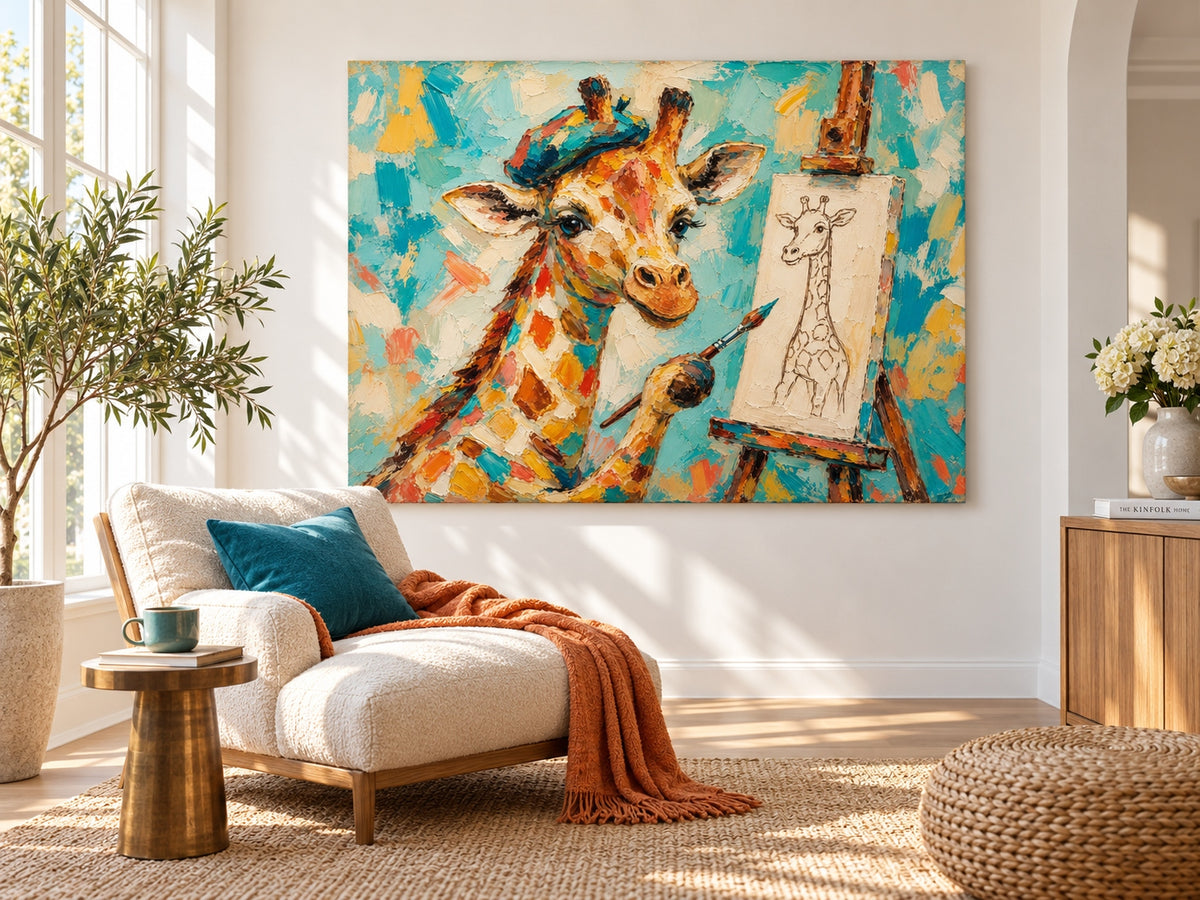 Hand-Painted Giraffe Artist Canvas Painting With Beret And Easel
