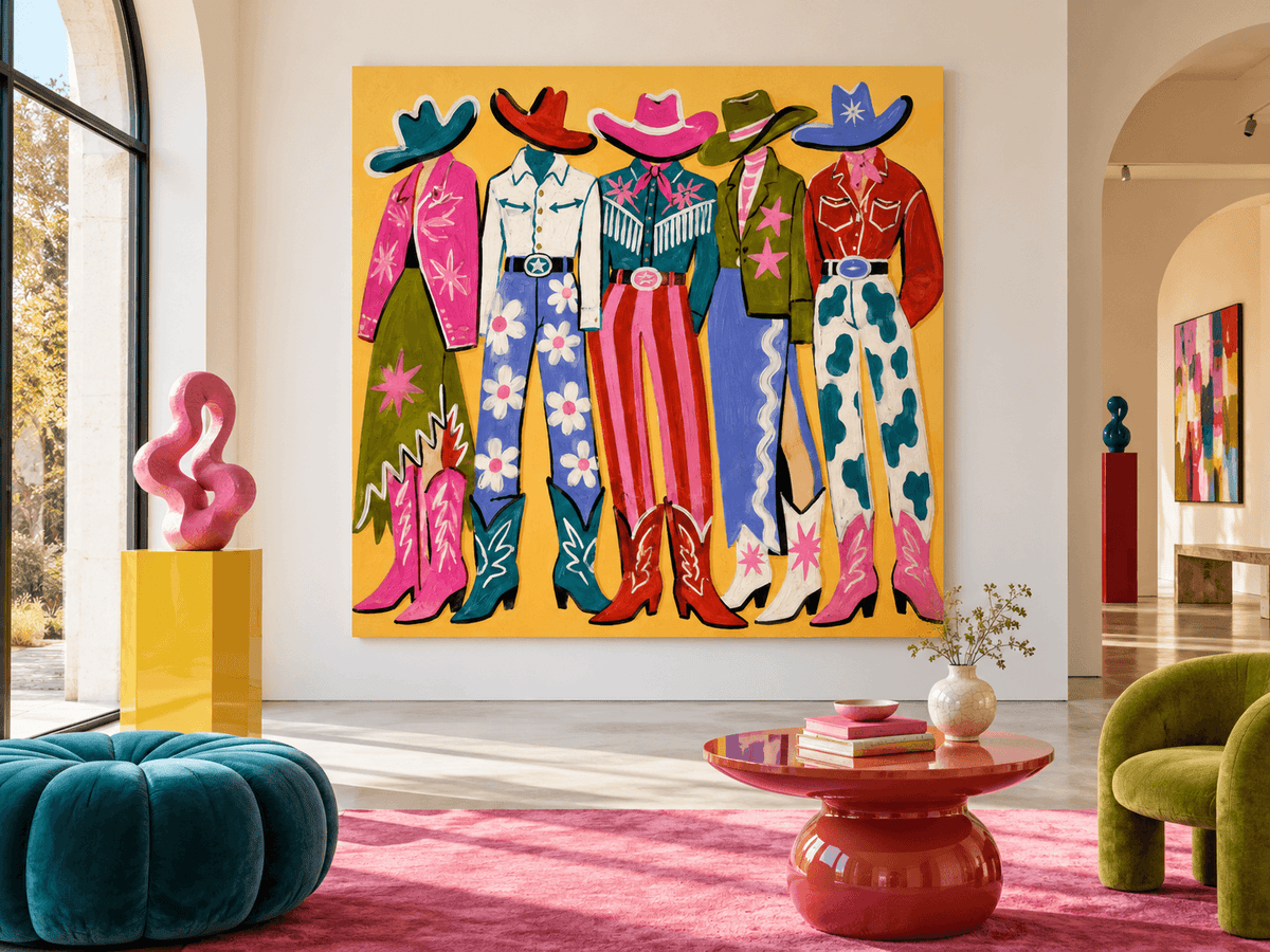 Pop Art Style Cowboy Painting Colorful Retro Fashion Illustration On Canvas
