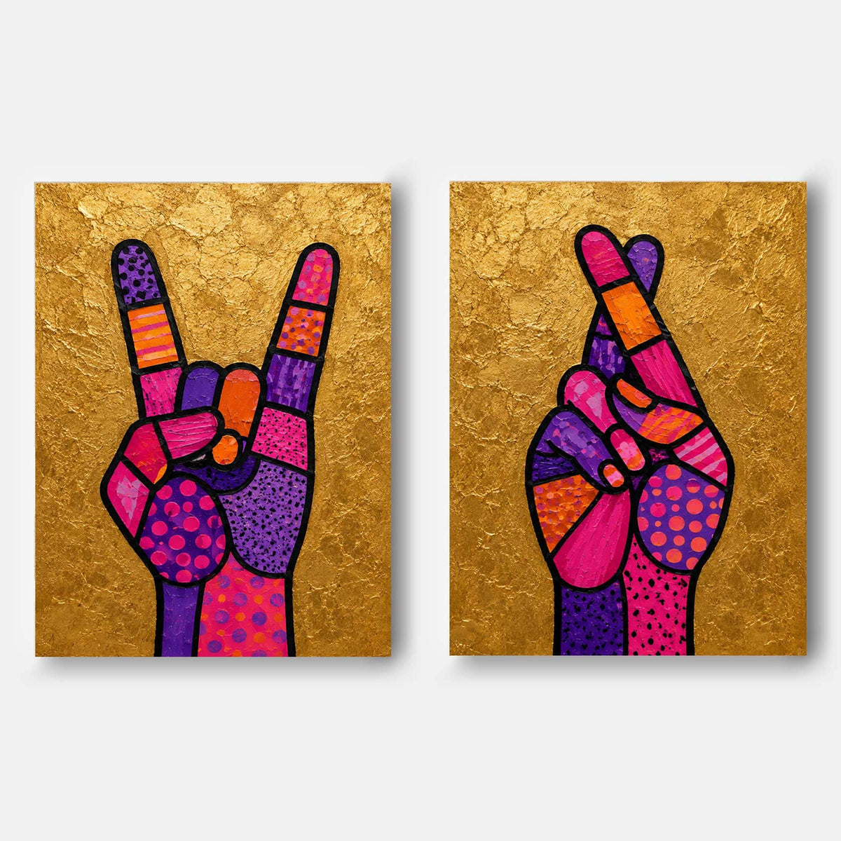 Pop Art Hand Gestures Canvas Painting Set With Gold Background