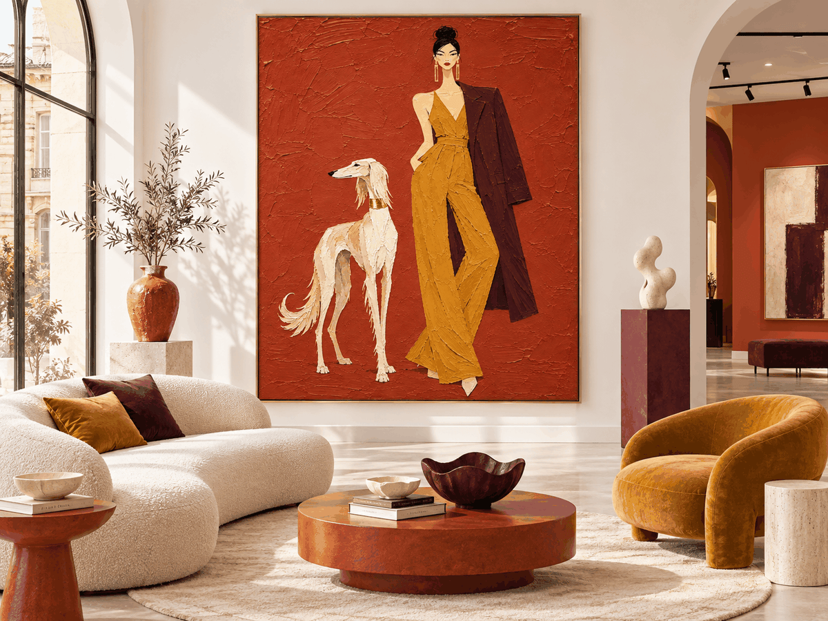 Hand-Painted Woman And Dog Canvas Art In Brick Red And Mustard Yellow