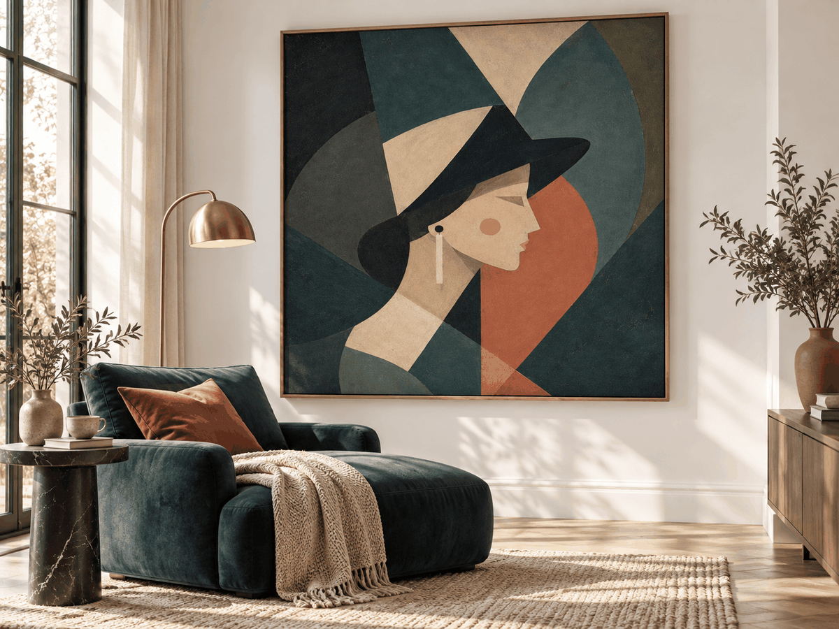 Minimalist Art Deco Style Painting With Morandi Green And Red Tones