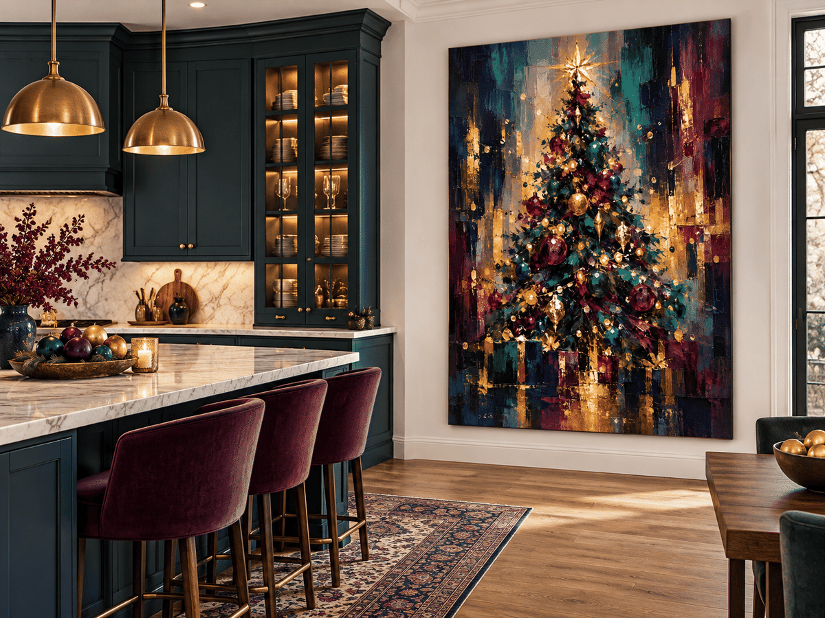 Abstract Christmas Tree Canvas Painting With Gold Star And Ornaments