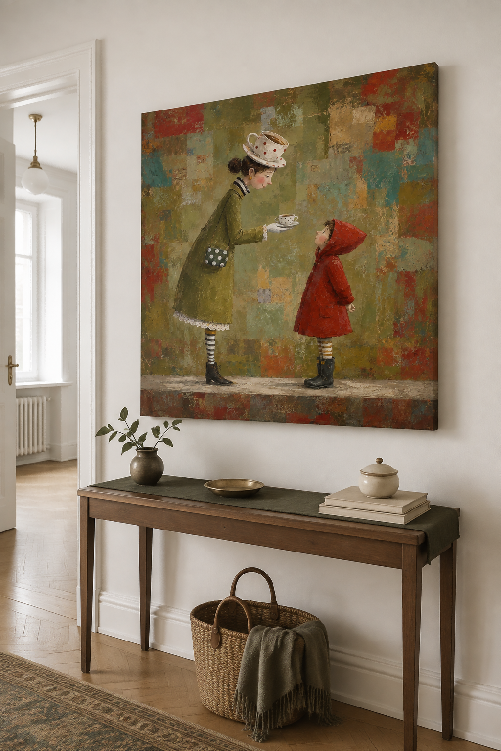 Hand-Painted Woman And Child Canvas Art With Vintage Tea Theme