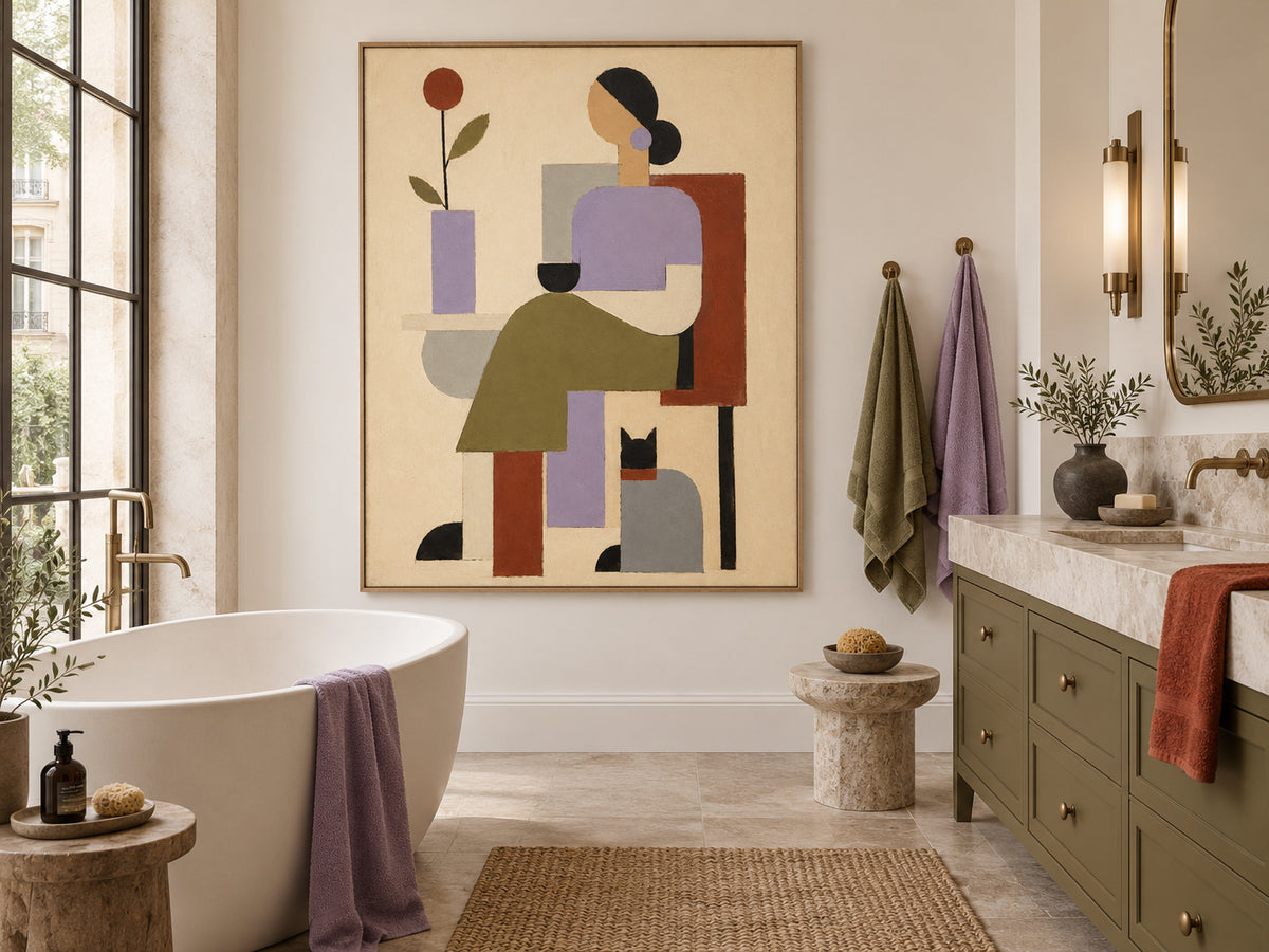 Woman And Cat Geometric Canvas Painting In Morandi Tones