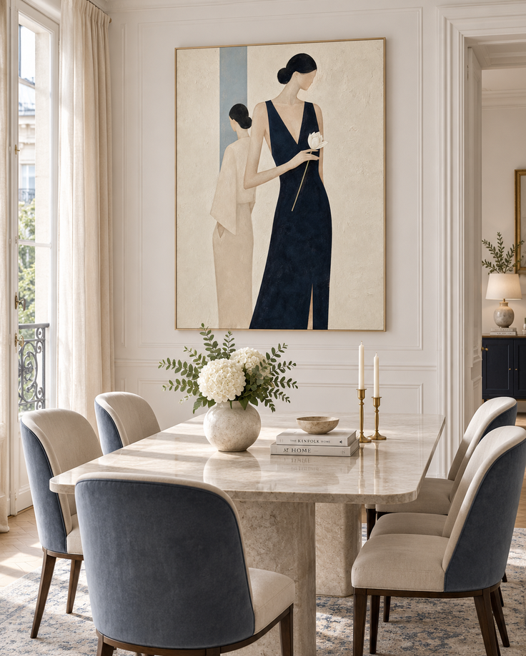 Two Women In Navy And Beige Hand-Painted Canvas Art With White Flower