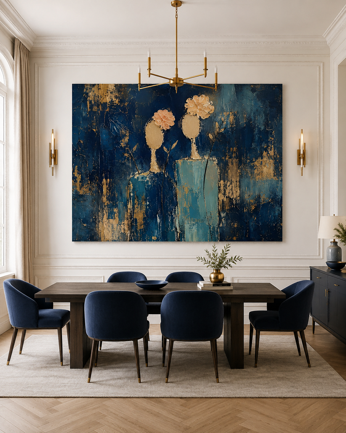 Abstract Floral Woman Canvas Painting Blue Gold Hand-Painted Modern Wall Art