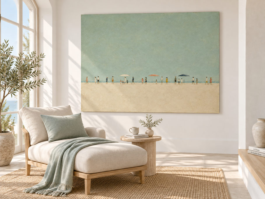 Hand-Painted Beach Scene With Figures And Umbrellas In Sage Green