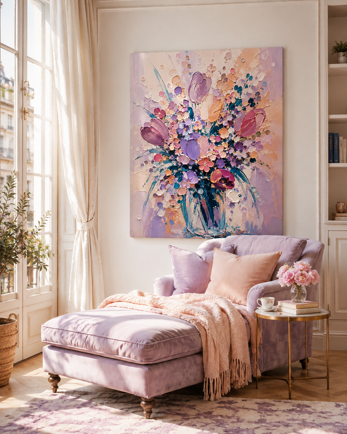 Abstract Tulip Flower Bouquet Hand-Painted Canvas Wall Art In Lavender And Pink