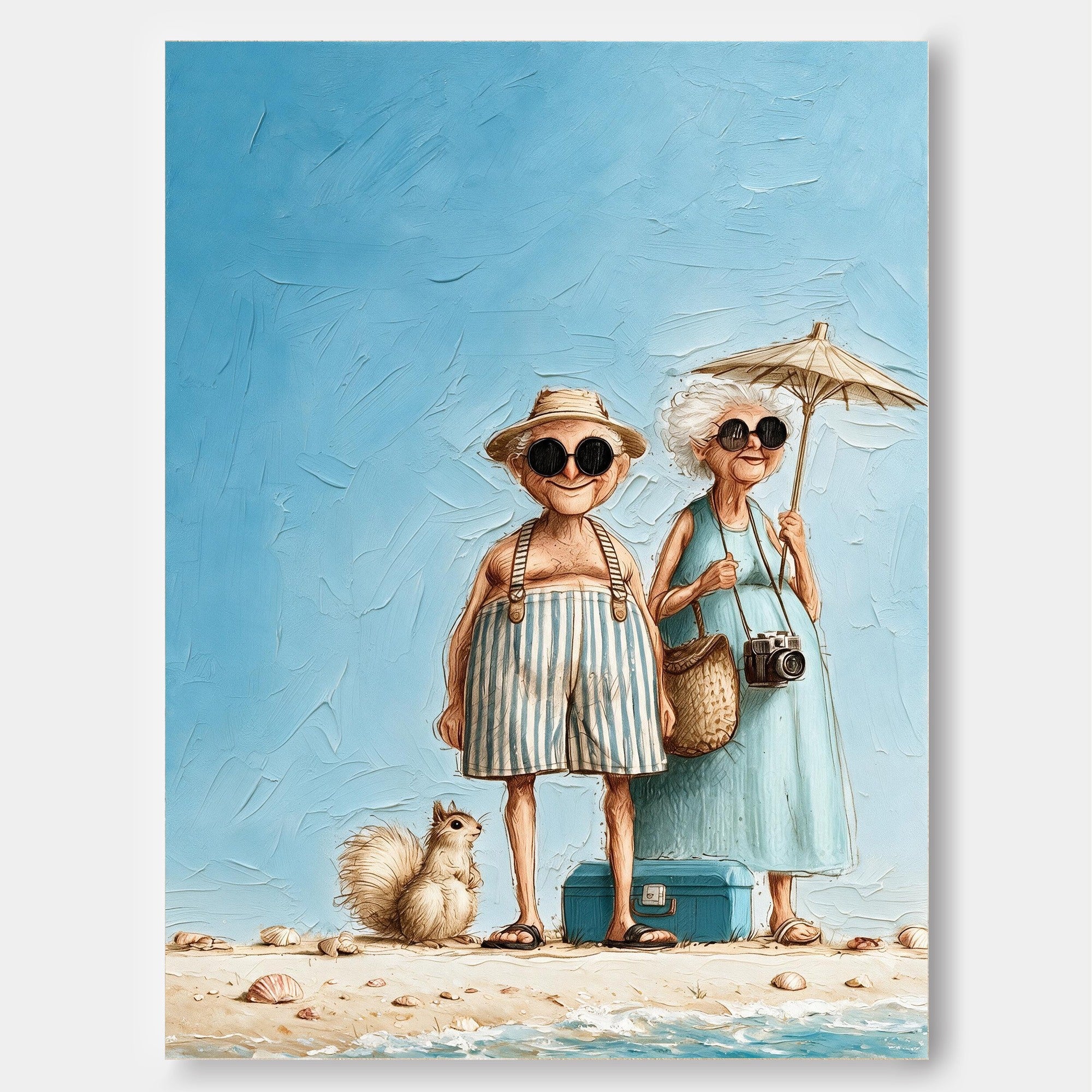 Whimsical Vintage Couple Beach Painting Textured Canvas Wall Art For Living Room Decor