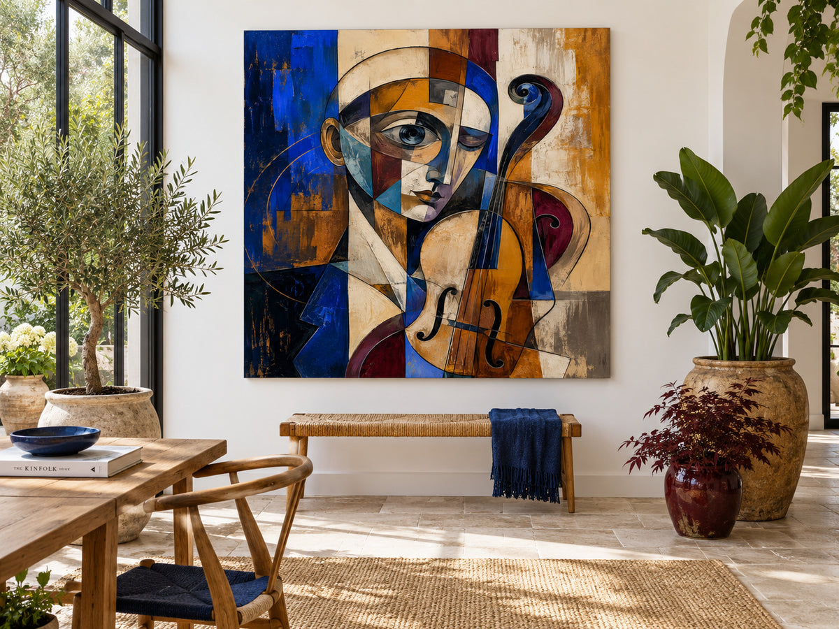 Vintage Geometric Picasso Style Painting With Textured Blue Gold Tones