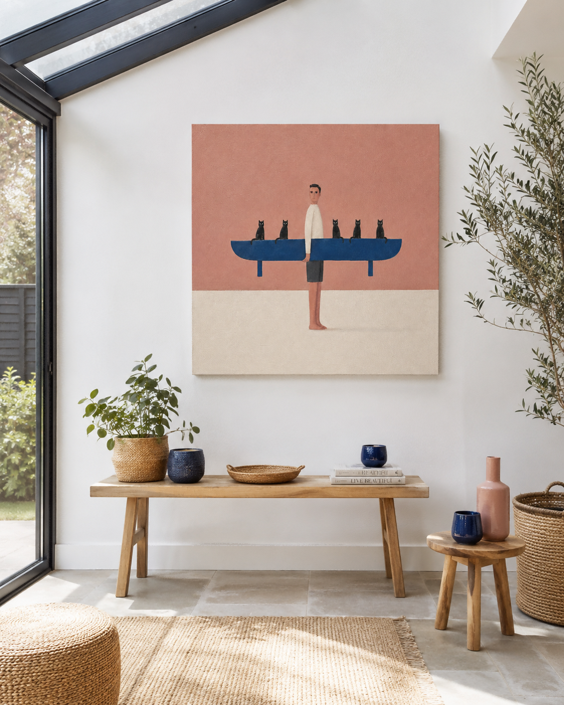 Man With Surfboard And Cats Abstract Canvas Painting In Pink And Blue Playful Pink And Blue Wall Art For Modern Living Room Or Bedroom Decor