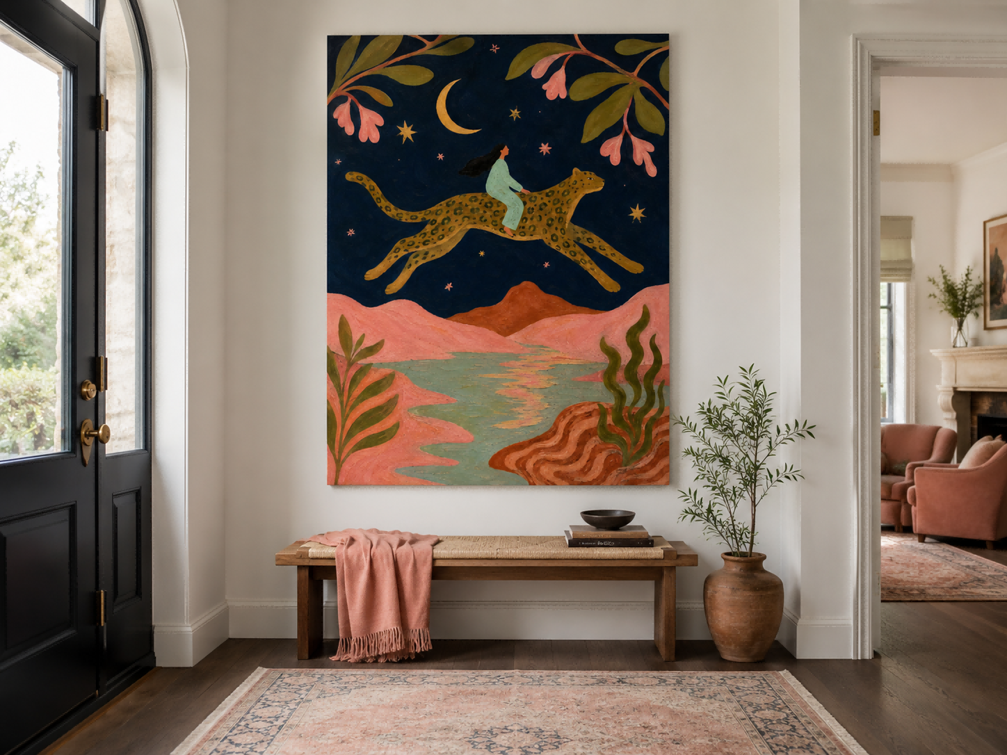 Art Deco Fantasy Painting With Leopard And Floral Motifs Original Canvas Artwork