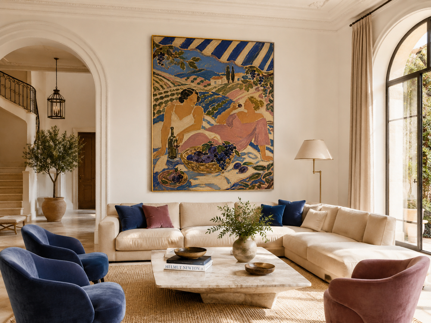 Dreamy Fantasy Art Deco Painting Of Women Relaxing In A Stylized Landscape With Grapes