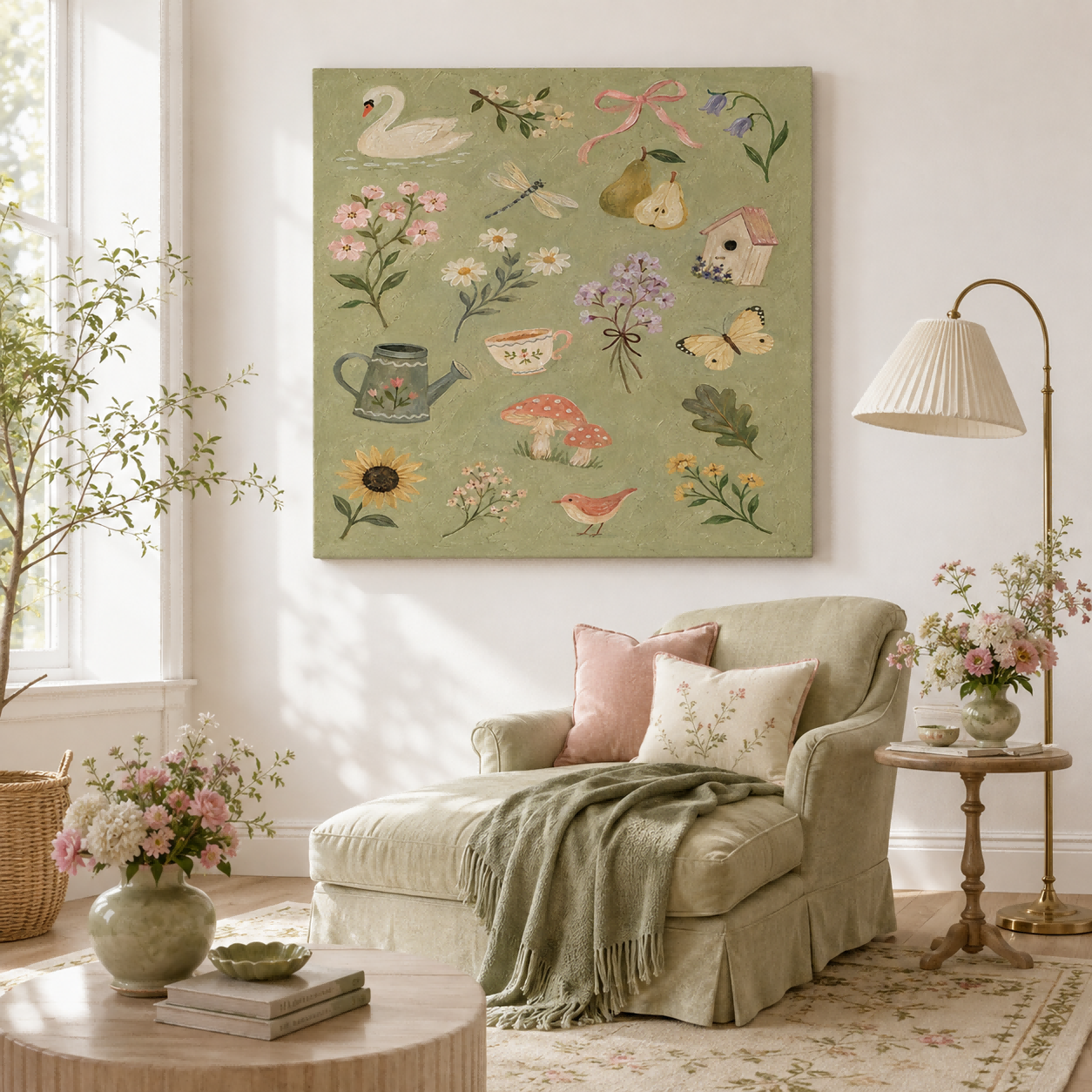 Square Canvas Wall Art Featuring Whimsical Garden Elements In Retro Style