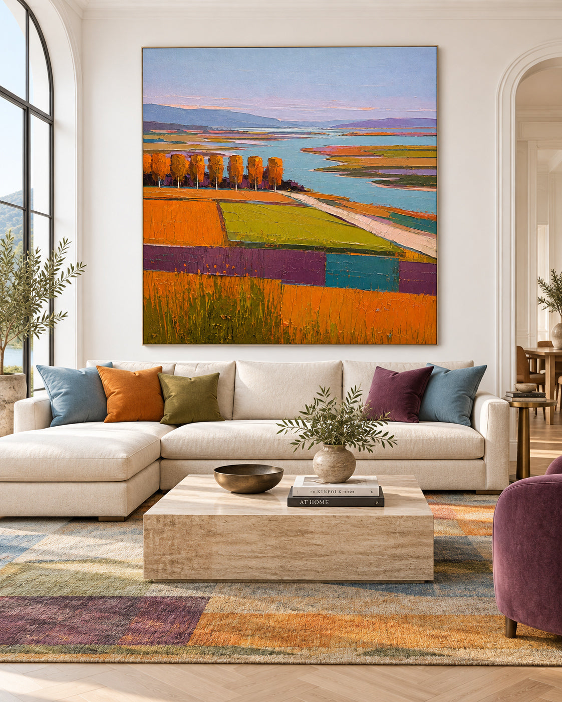 Hand-Painted Autumn Landscape Canvas Art With Golden Fields And Lake