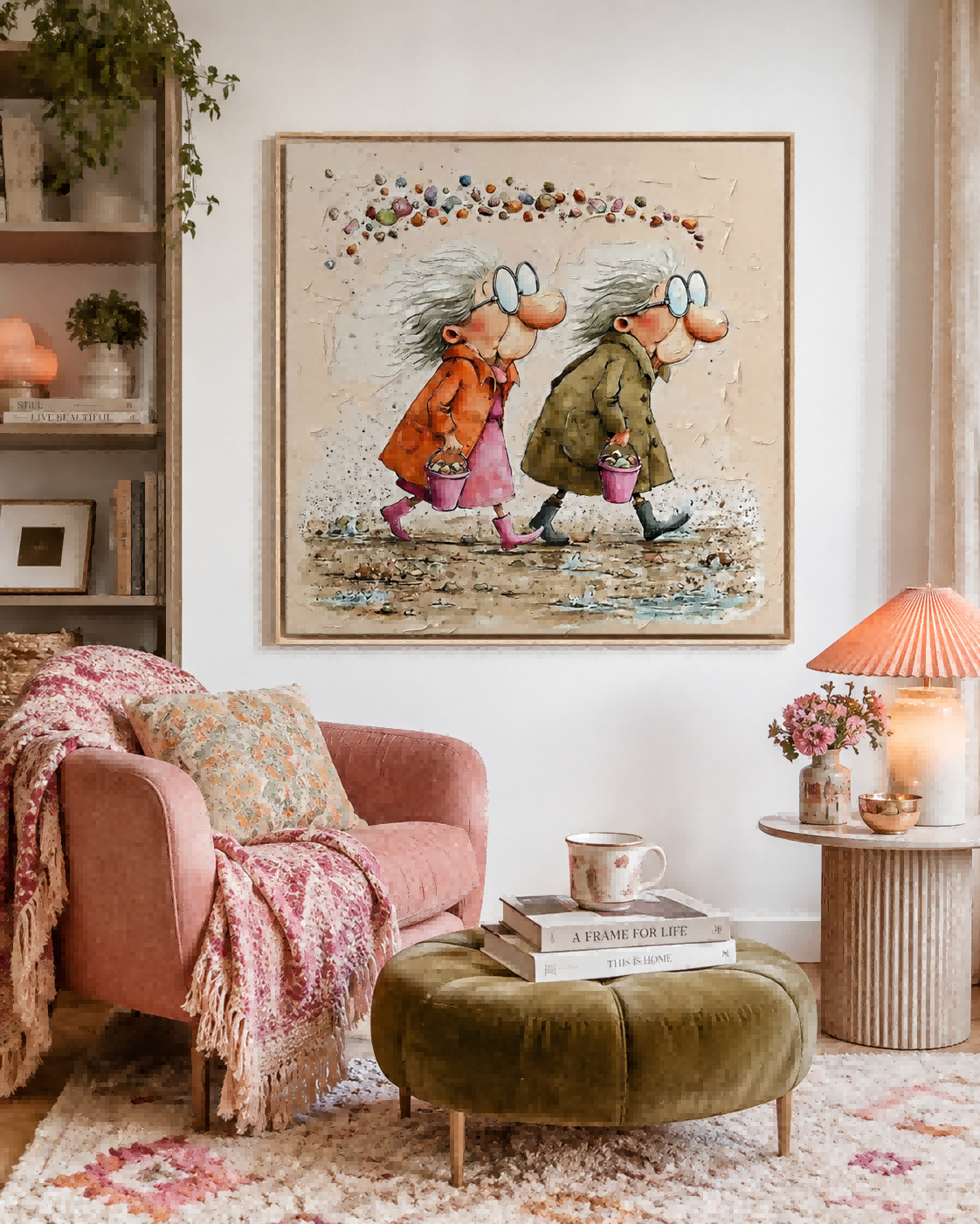 Cute Elderly Sisters Beach Art Square Canvas Painting For Living Room Decor