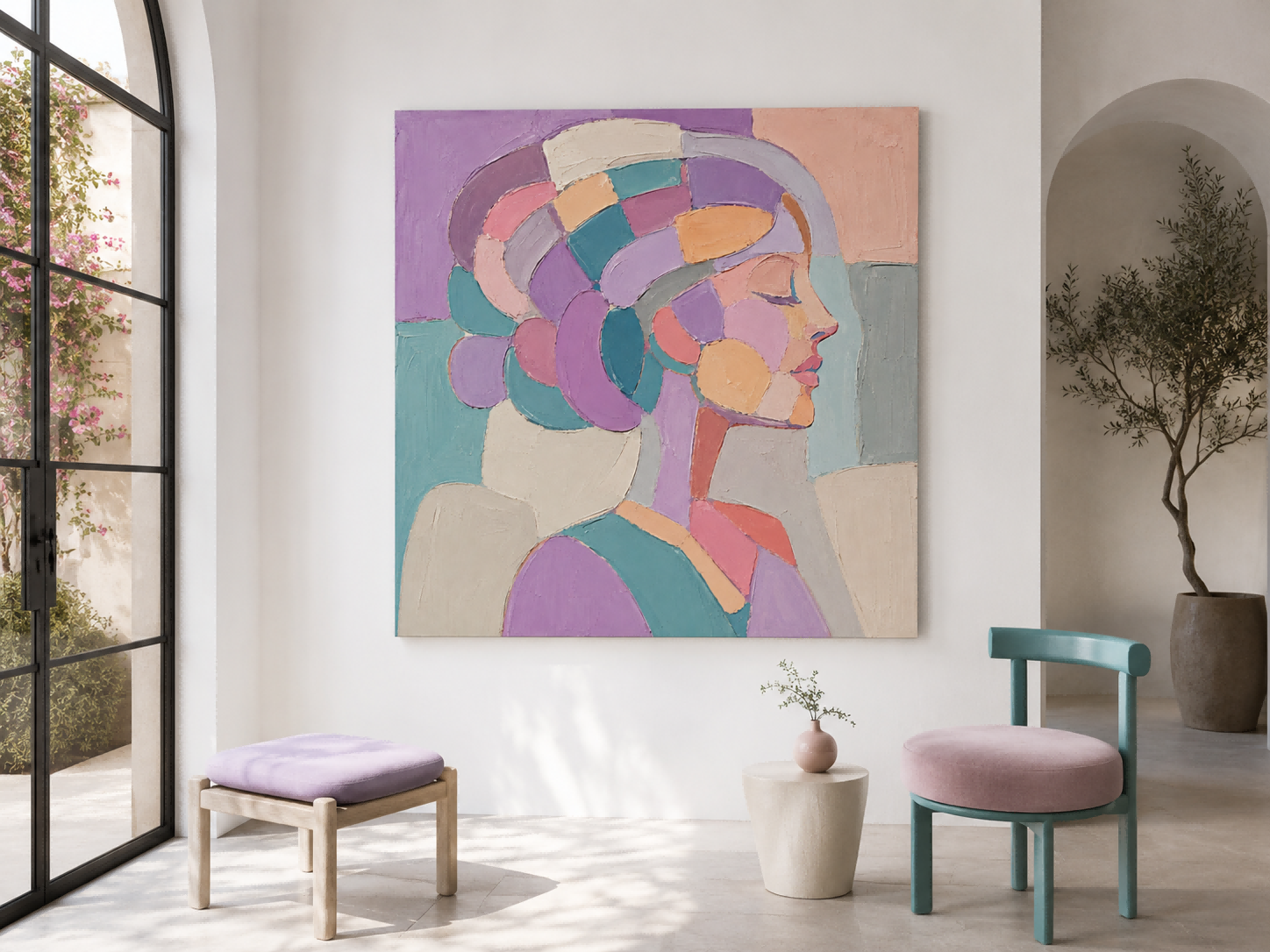 Minimalist Female Profile Art In Pastel Colors Square Canvas Print For Bedroom