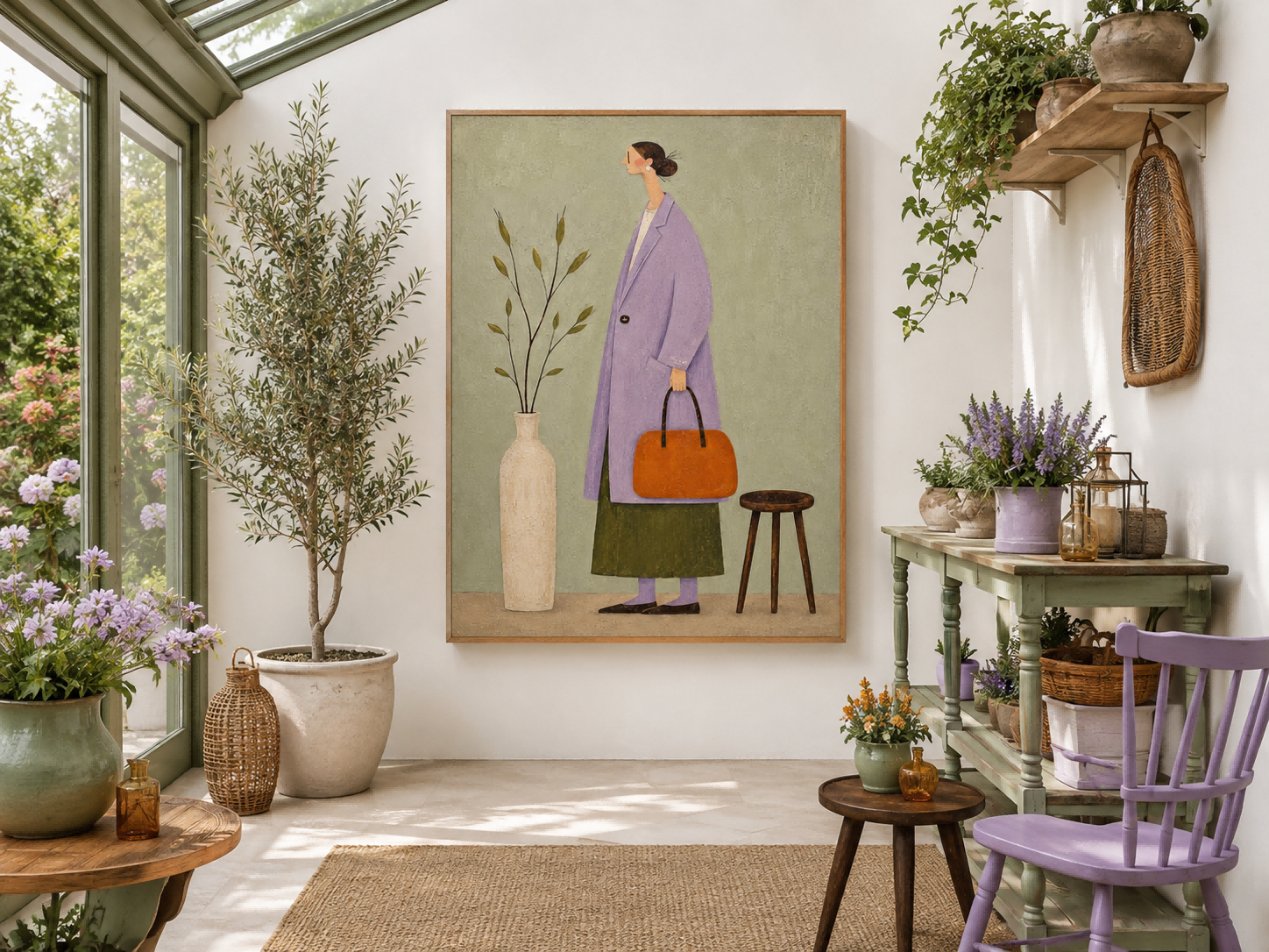 Charming Naive Art Painting Of Woman In Purple Coat For Modern Home Decor