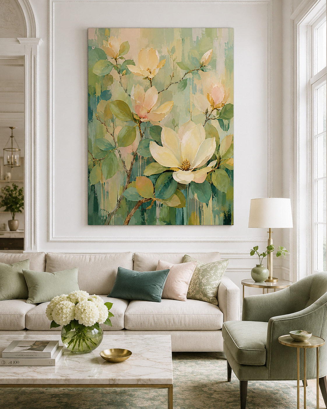 Hand-Painted Abstract Magnolia Floral Canvas Art In Cream And Green